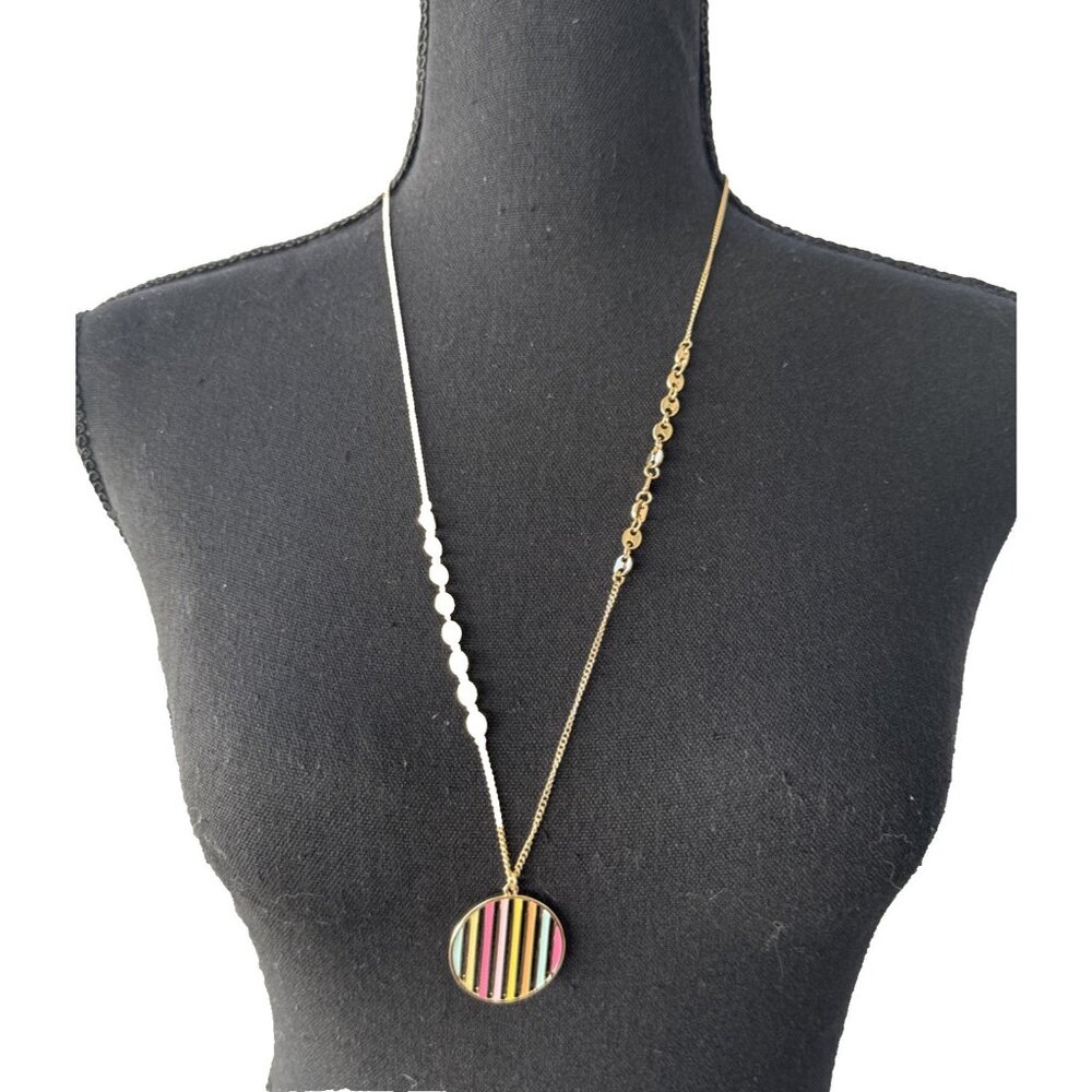 Isaac Mizrahi Striped Colorful Reversible Gold Pendant Necklace NEW